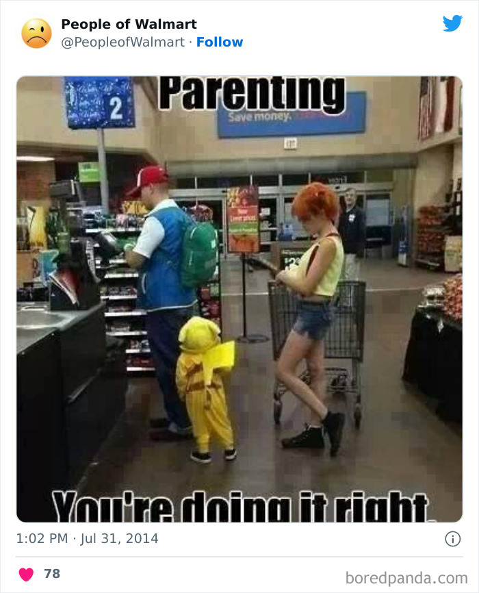 Man and woman dressed as cartoon characters with a child at a Walmart checkout.