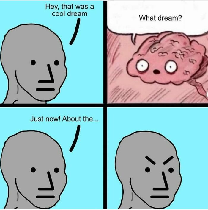 A humorous science meme featuring a brain discussing dreams with a blank-faced character.