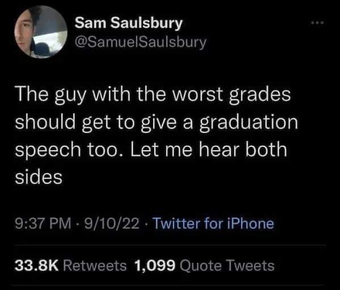Science meme text about worst grades giving graduation speech, from a Twitter post.