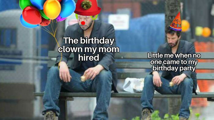 Two men on a bench; one has clown face and balloons, adding humor to a celebration scene.