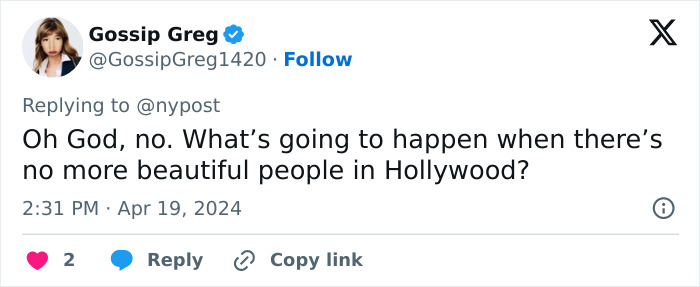 Tweet by Gossip Greg expressing concern about beauty standards in Hollywood amid Ozempic use.