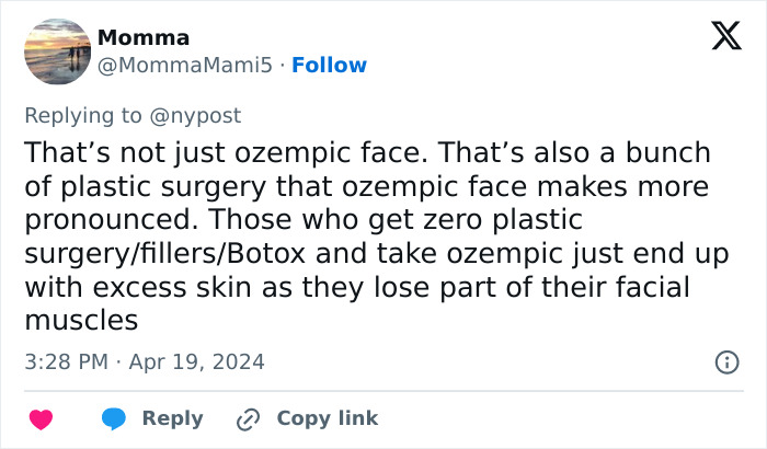 Tweet discussing the effects of Ozempic use and plastic surgery, highlighting changes in facial appearance.