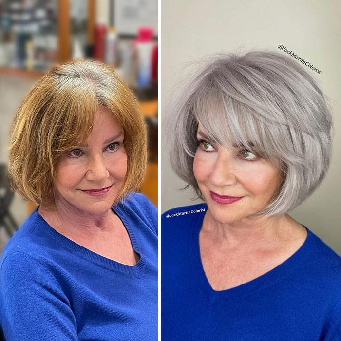 Woman before and after embracing gray hair transformation by Jack Martin.