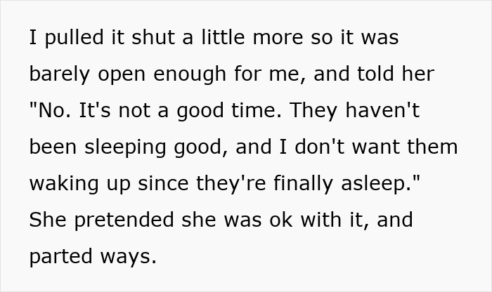 Text screenshot discussing couple's refusal of a surprise visit during babies’ nap time.