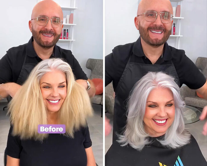 Stylist with client showcasing natural gray hair transformation, smiling in before and after salon photos.