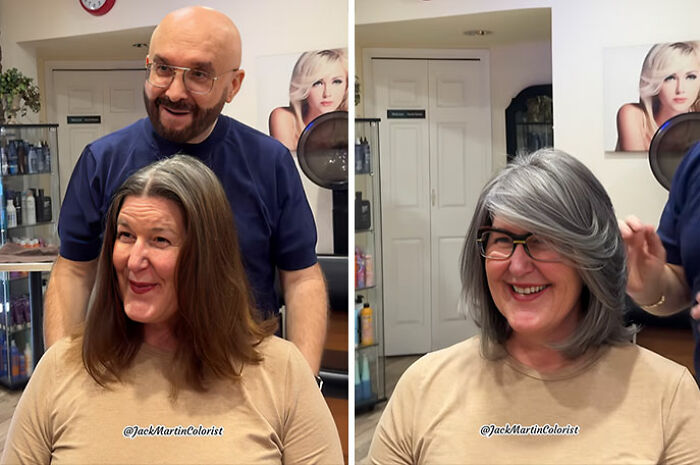Woman before and after embracing natural gray hair transformation in salon setting.