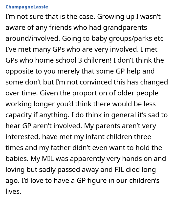 Text from a woman discussing modern grandparenting double standards and involvement in children's lives.