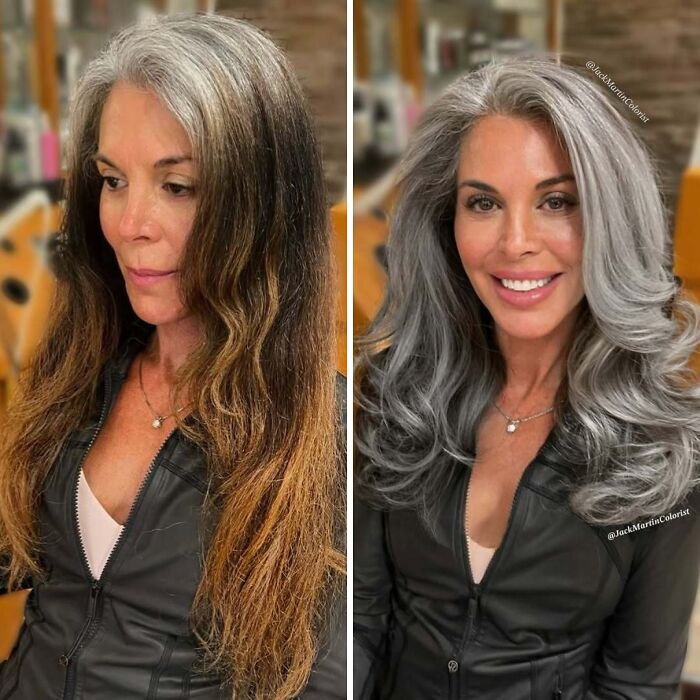 Woman before and after embracing natural gray hair, showcasing transformation and confidence.