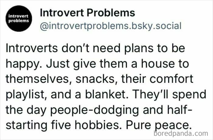 Text post about introverts enjoying solitude with snacks, a playlist, and a blanket, humorously avoiding social exhaustion.