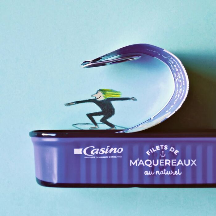 Surfer illustration riding a wave created from a fish can by Romain Joly.