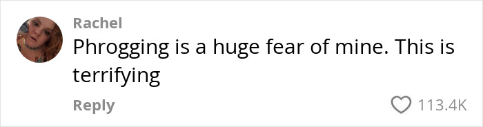 Comment about the fear of phrogging, expressing terror; heart icon showing 113.4K likes.