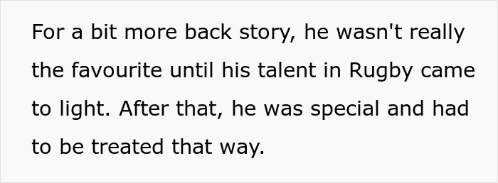 Text excerpt discussing a backstory about favoritism changing after rugby talent was recognized and treated specially.