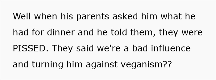 Text from a social media post discussing parents reacting angrily when their teen son ate meat despite being forced to be vegan.