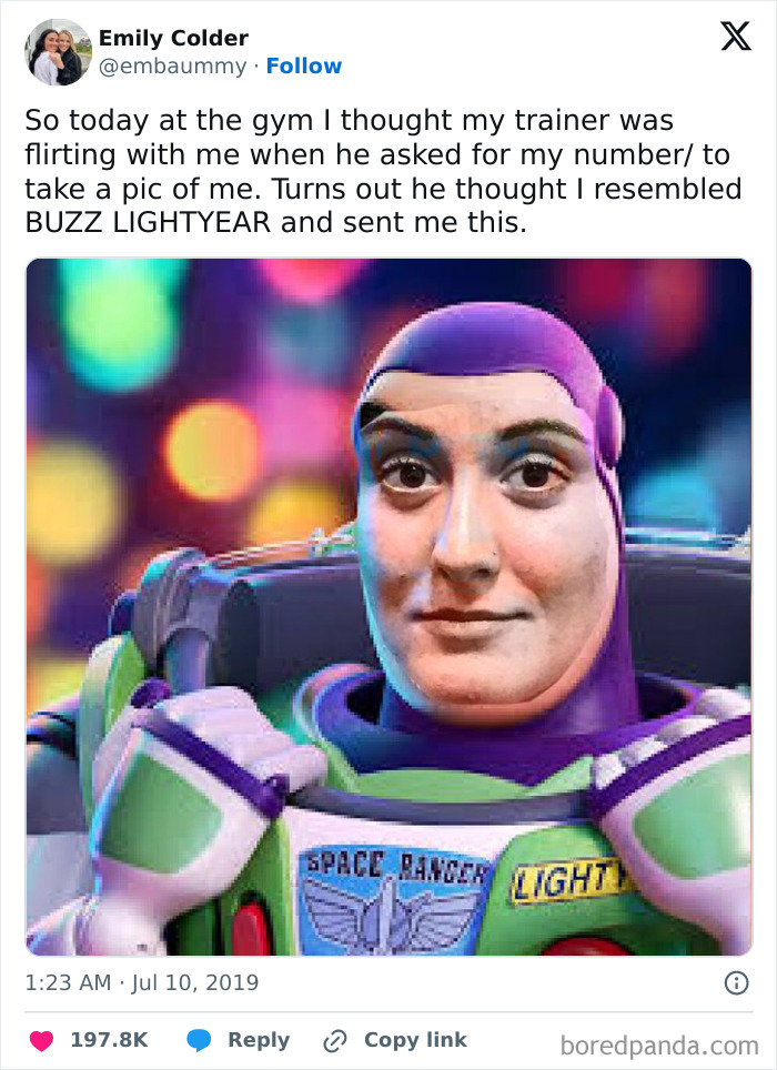 Person's face edited onto Buzz Lightyear costume, illustrating one of the sickest insults from viral social media post.