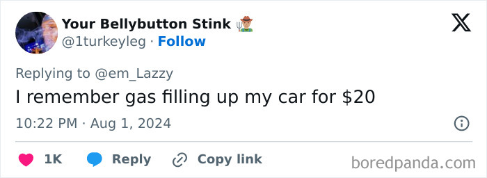 Tweet about filling up a car with gas for 20 dollars, expressing a boomer complaint about modern car keys.