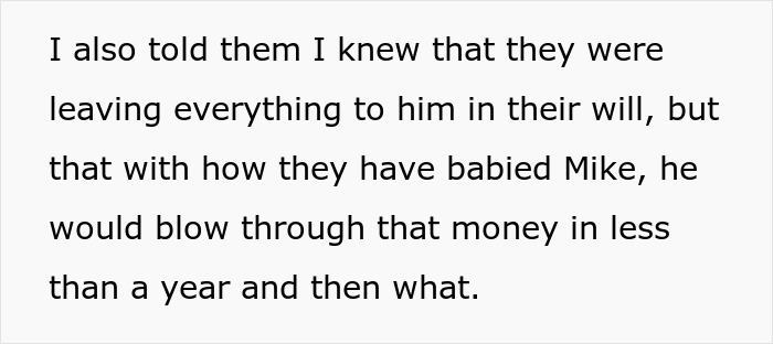 Text excerpt discussing family conflict about inheritance and concerns over financial management by Mike.