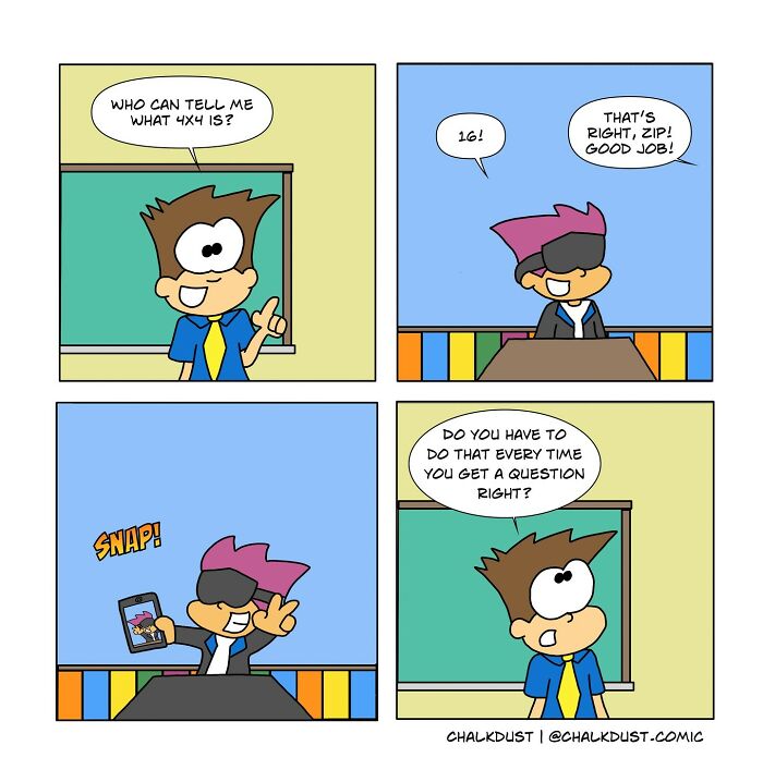 Comic depicting a teacher and student illustrating what it's like to survive a school day with humor and classroom moments.
