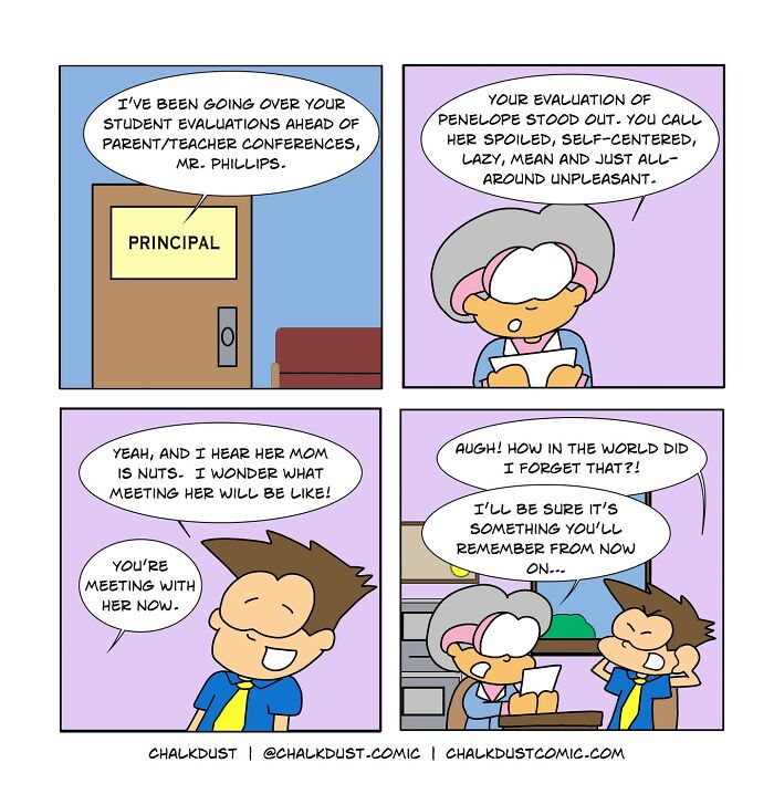 Comic strip showing a teacher and principal discussing student evaluations and the challenges of a school day.