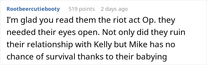 Screenshot of a Reddit comment discussing a couple going ballistic as daughter refuses to invite bully brother to wedding.