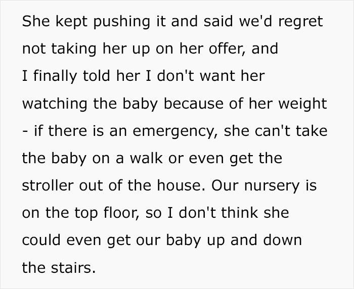 Text excerpt about a woman refusing obese mom to babysit newborn, mentioning concerns over weight and baby care.