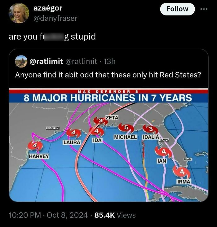 Twitter post showing hurricane paths hitting only red states, highlighting a moment where brains gave up on thinking.