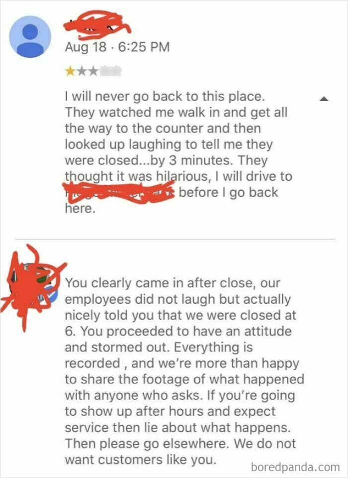 Customer review and business response showing entitled customers leaving absurd reviews online.