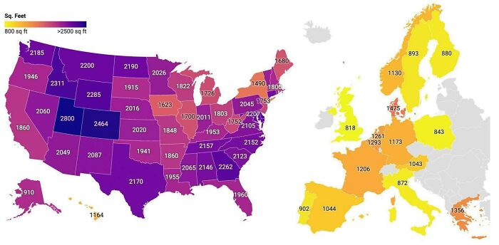 Map showing average home sizes in square feet across the United States and Europe with color-coded regions.