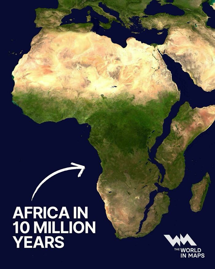Satellite view of Africa showing geographical changes projected over 10 million years for maps to expand knowledge of the world.
