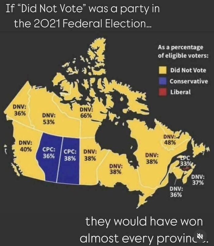 Map showing voter turnout percentages by province in Canada’s 2021 Federal Election highlighting did not vote data.