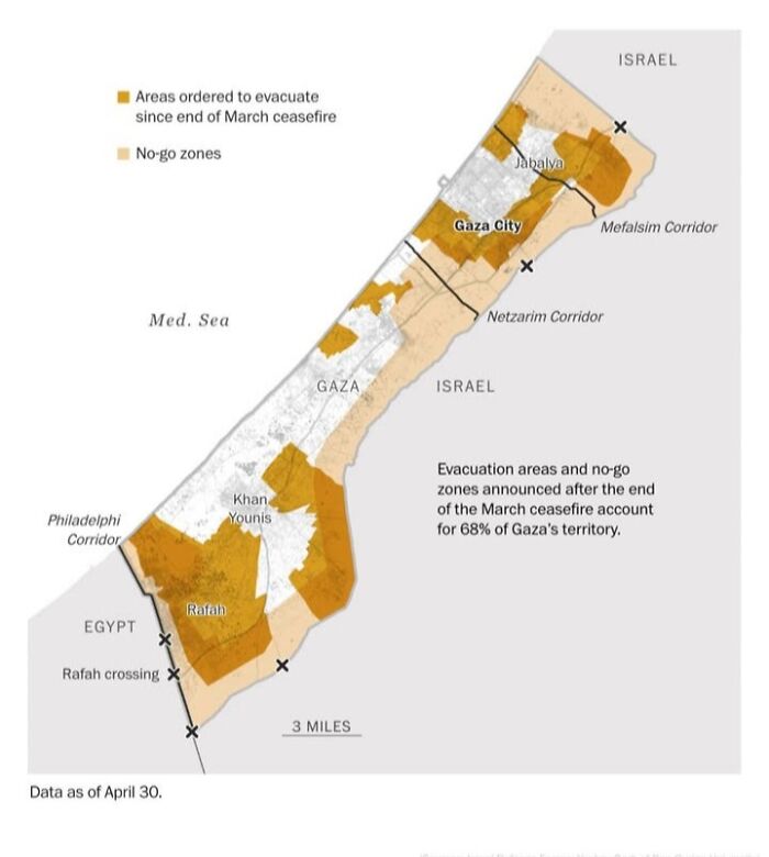 Map showing evacuation areas and no-go zones in Gaza, highlighting territorial changes and conflict impact for world knowledge expansion.