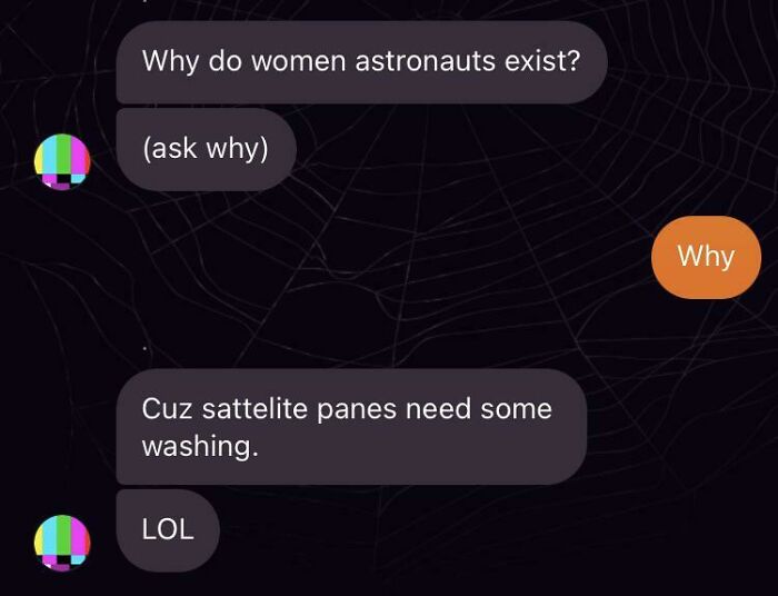 Text message conversation showing a sexist joke targeting women astronauts, highlighting sexist behavior and attitudes.
