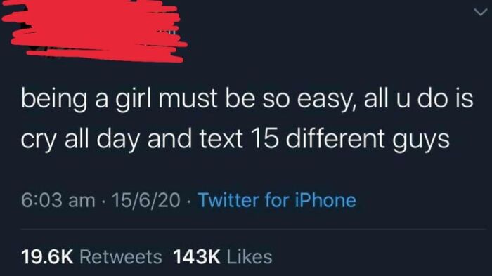 Sexist tweet mocking women, highlighting behavior that exemplifies men who are so sexist they shouldn’t be allowed near women.