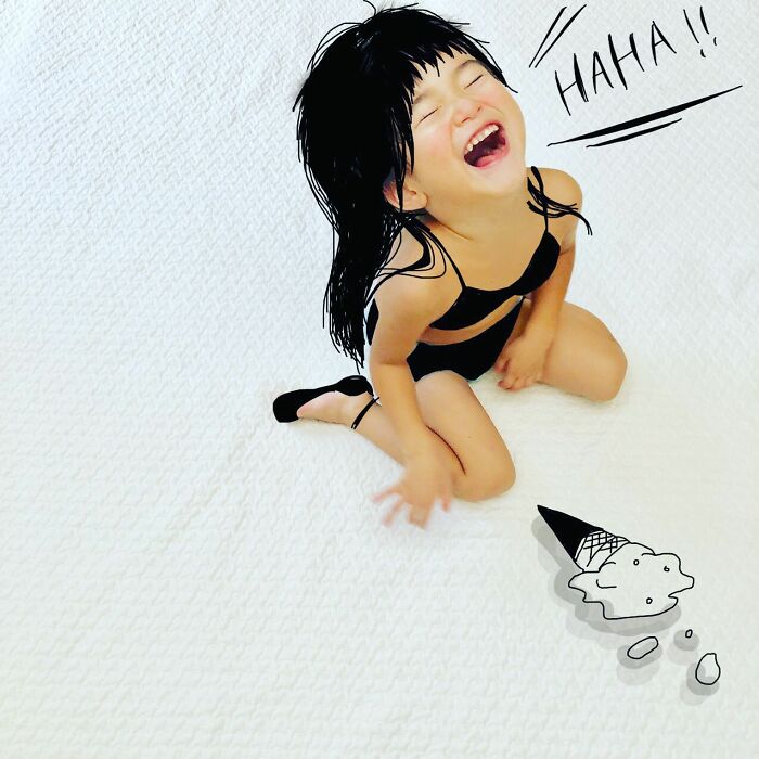 Japanese father of two creatively draws on kids’ photos, turning them into adorable, playful artwork with added illustrations.