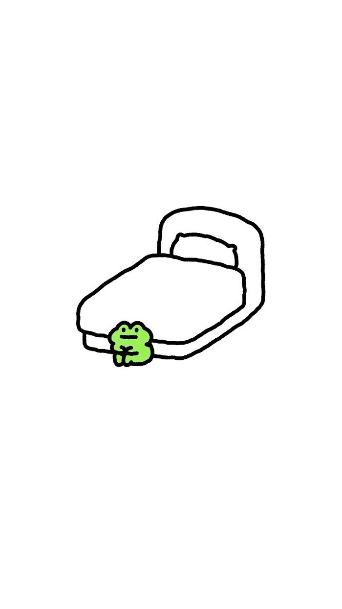 Minimalist drawing of a green frog with big feelings sitting alone by a bed, capturing life’s little struggles.