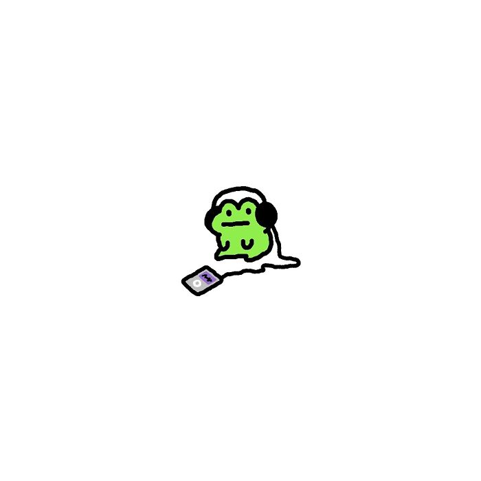 A small green frog with big feelings listens to music on headphones, capturing life’s little struggles in art.