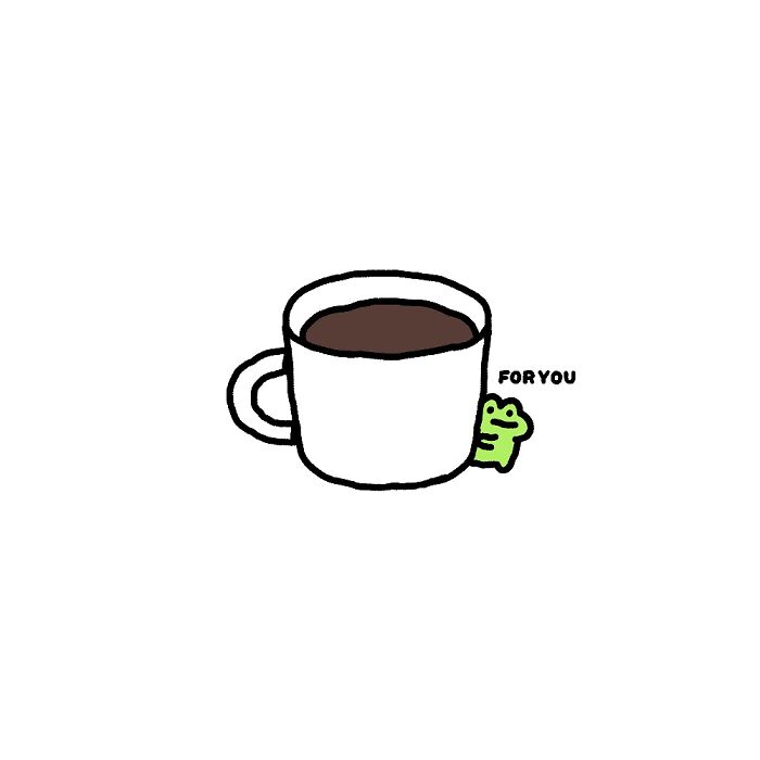 Small green frog with big feelings peeking from a white coffee cup filled with dark liquid, illustrating life’s little struggles.