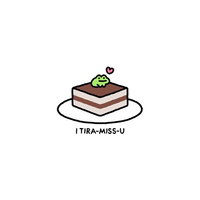 Cute frog with big feelings sitting on tiramisu, capturing life’s little struggles in a simple, playful illustration.
