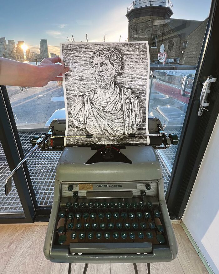 Typewriter art showing an impressively detailed portrait of a man created by a young artist using a vintage Smith-Corona typewriter.
