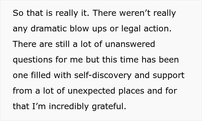 Text excerpt discussing self-discovery and gratitude following a dramatic MIL stealing baby incident at night.