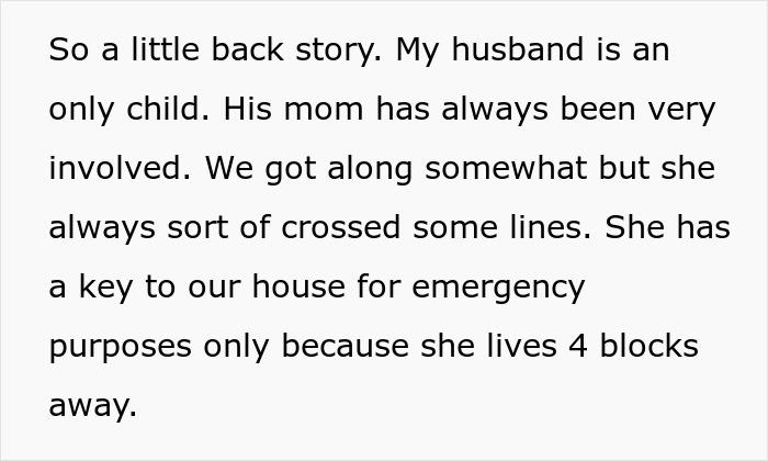 Text describing a mother-in-law crossing boundaries by stealing a baby in the middle of the night as a claimed gift.