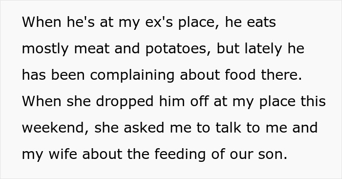 Text excerpt discussing son’s preference for dad’s rabbit food over mom’s nutritious chicken, sparking a family talk.