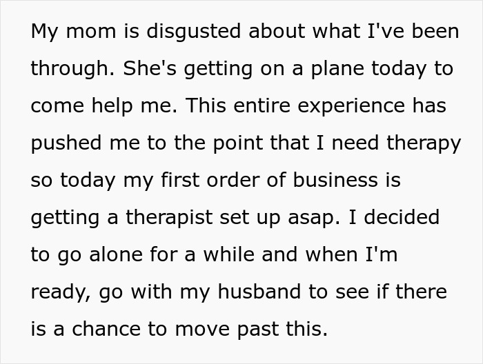 Text discussing a mom’s distress and need for therapy after a mother-in-law steals baby as a supposed gift.
