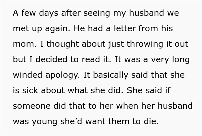 Text excerpt about receiving a long apology letter from mother-in-law after stealing baby in middle of night incident.