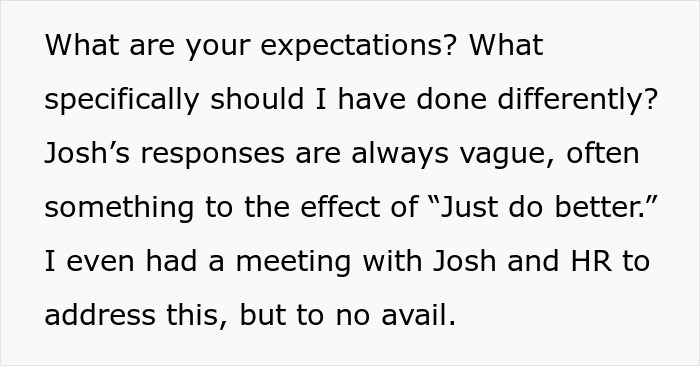 Text excerpt showing vague employee feedback and discussions with HR about expectations in a workplace dispute scenario.