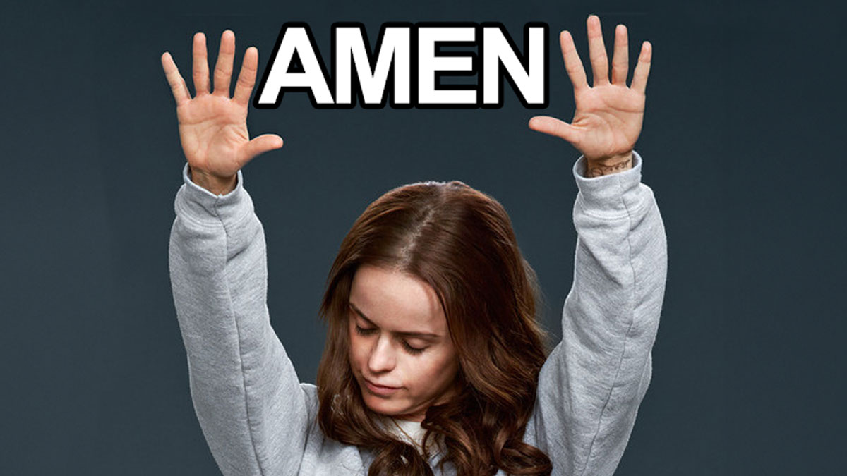 Young person with eyes closed and hands raised under bold Amen text, expressing agreement with boomer complaints about physical car keys.