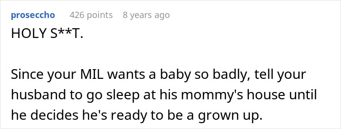 Screenshot of a Reddit comment reacting to a mother-in-law stealing a baby, with advice for the husband to stay at his mother's house.