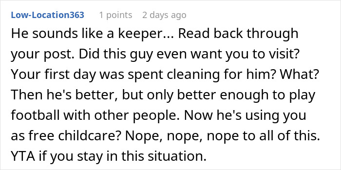 Screenshot of an online comment discussing refusing to babysit boyfriend’s niece during vacation, criticizing free childcare expectations.