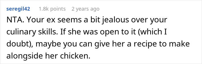 Screenshot of a forum comment discussing a son's preference for dad’s rabbit food over mom’s nutritious chicken.