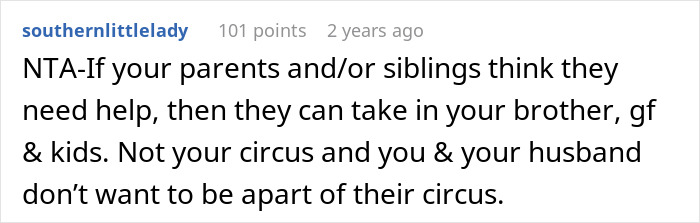Reddit comment discussing siblings turning on sister after she denies sheltering brother’s entire family at her home.