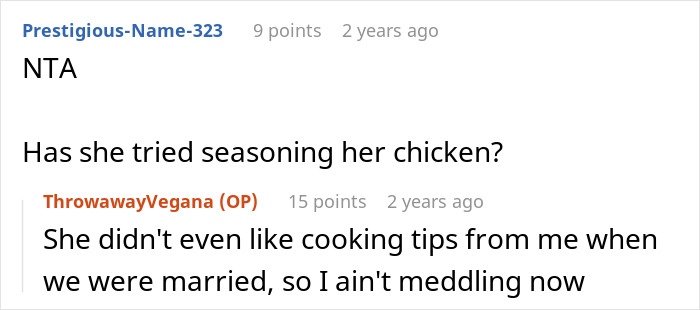 Reddit conversation about son choosing dad’s rabbit food and mom’s nutritious chicken, highlighting veggie love debate.